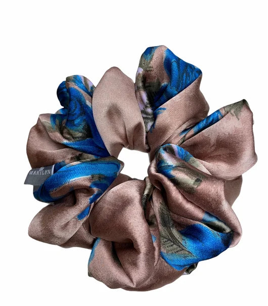 Secure the Crown - Blue Khakhi Floral Satin Scrunchie