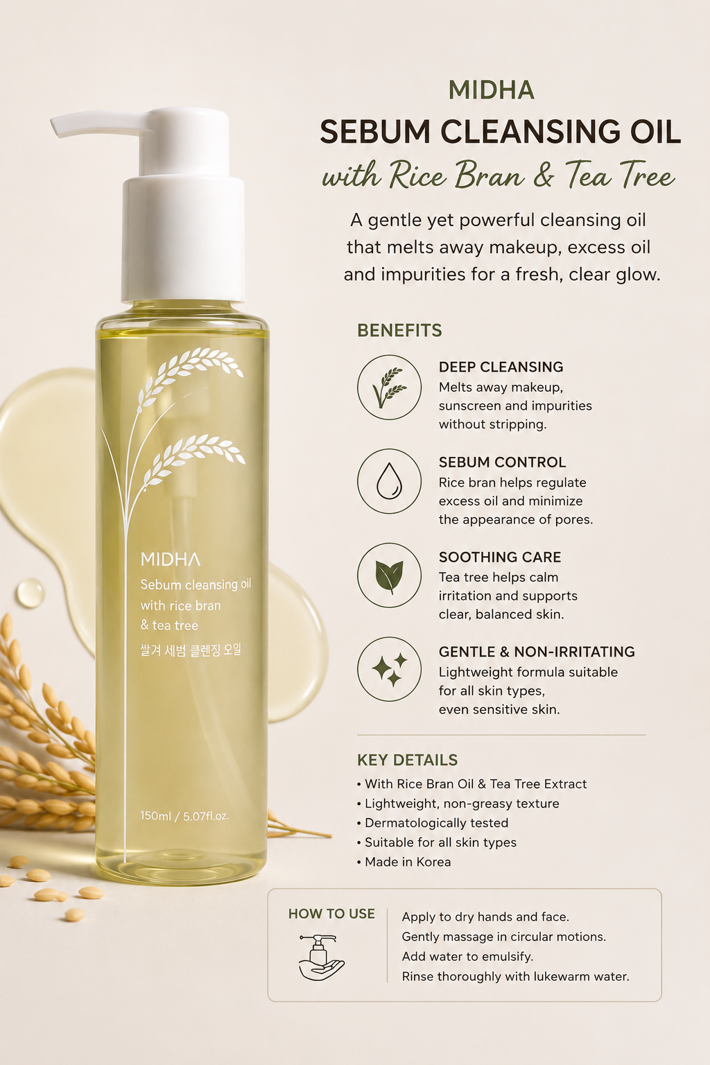 MIDHA Sebum Cleansing Oil With Rice Bran & Tea Tree (150ml)