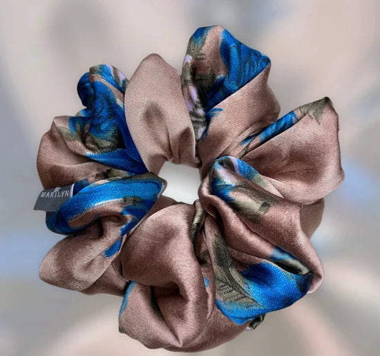 Secure the Crown - Blue Khakhi Floral Satin Scrunchie