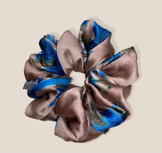 Secure the Crown - Blue Khakhi Floral Satin Scrunchie